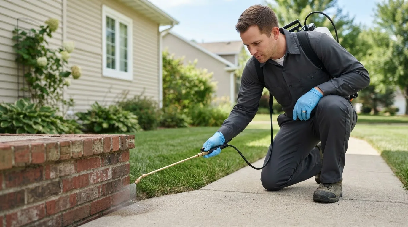 Pest control technician treating a home near Meriden, CT