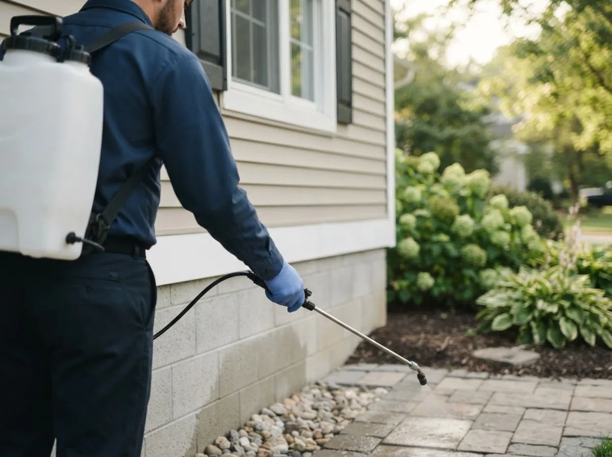 Pest control technician inspecting a home in Meriden, CT
